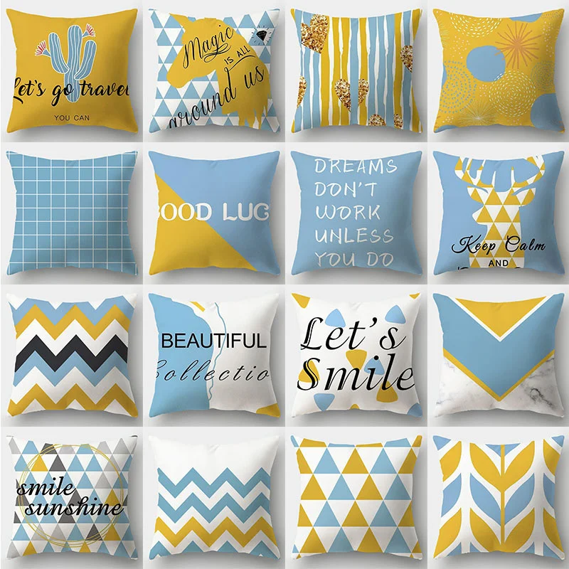 

45x45cm Blue Geometric Pillow Case Fresh Elk Animal Print Cushion Cover Home Decoration Custom Letter Wave Plant Sofa Pillowcase