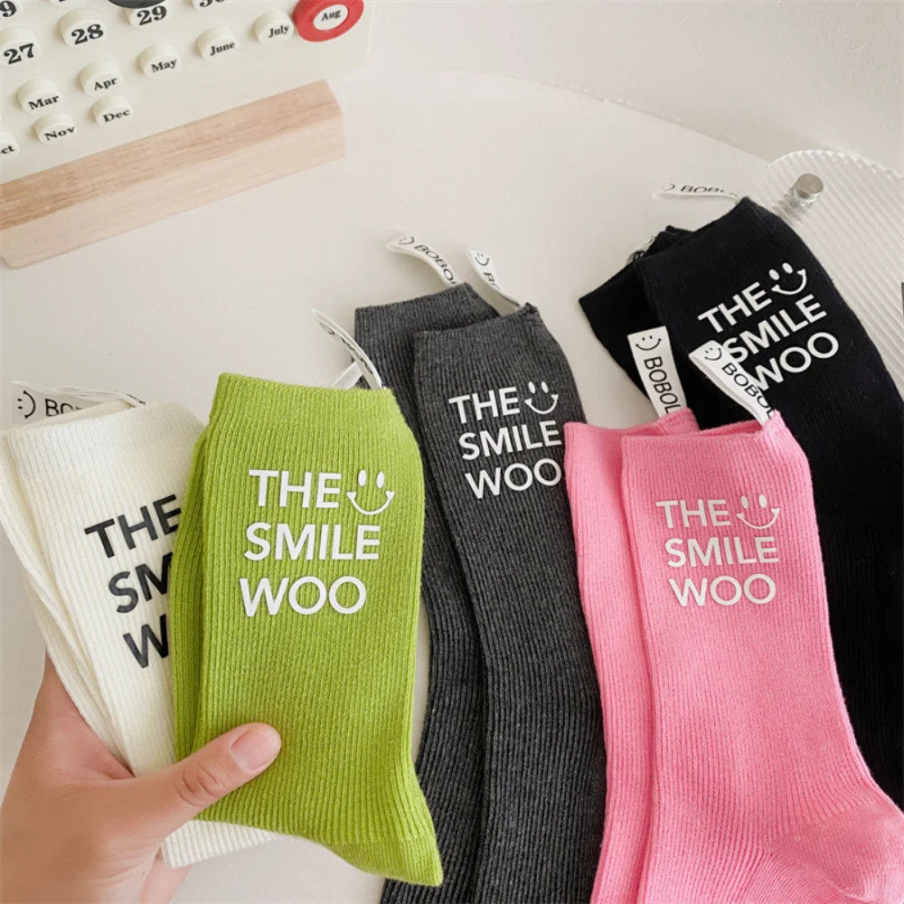 

New Cotton Women Socks Smile Print Stripes Funny Sock Unisex Harajuku Female Casual Cute Socks Woman Sox Meias