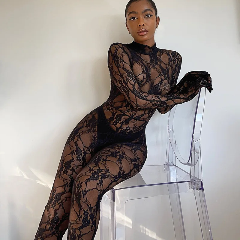 Кружевной сетчатый комбинезон с длинным рукавом и перчатками облегающие