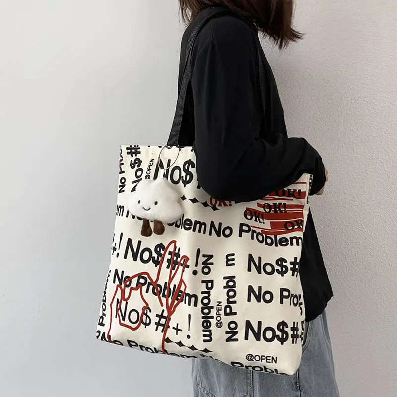 

Women Canvas Shopping Bag Cartoon Print Female Cotton Cloth Shoulder Bag Eco Handbag Tote Reusable Grocery Shopper Bags