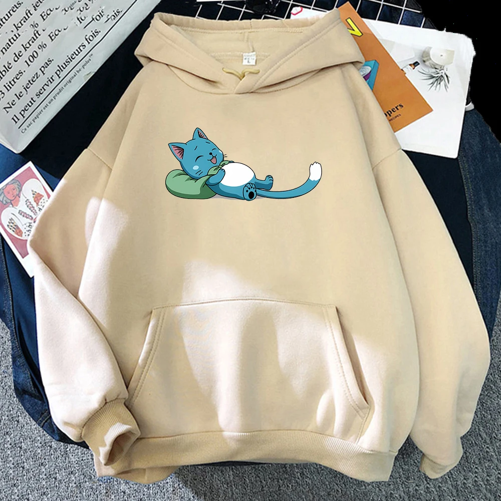 Fairy Tail Anime Graphic Hoodie Happy Cat Printing Hoody Kawaii Cartoon Print Sweatshirts Cute Clothes for Girls Unisex Clothing