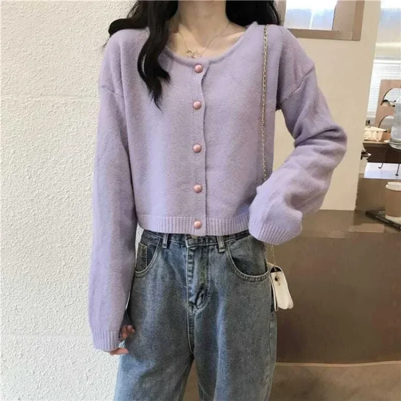Свитер-кардиган женский модный уютный школьник простой с длинным рукавом в