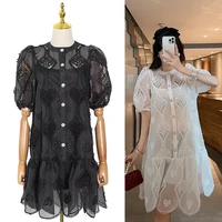 spring 2022 new mesh fresh and sweet wind single breasted design lantern sleeve fluffy dress womens tide