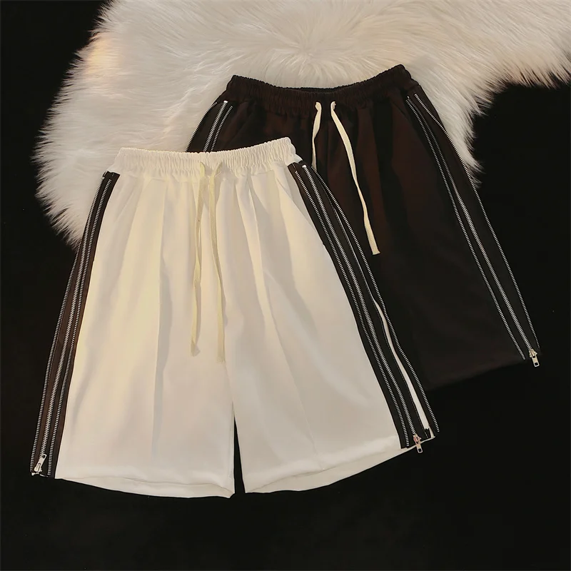 

High Street Street Niche Design Feeling Loose Straight Side Stitching Zipper Strip Five-point Shorts for Men and Women