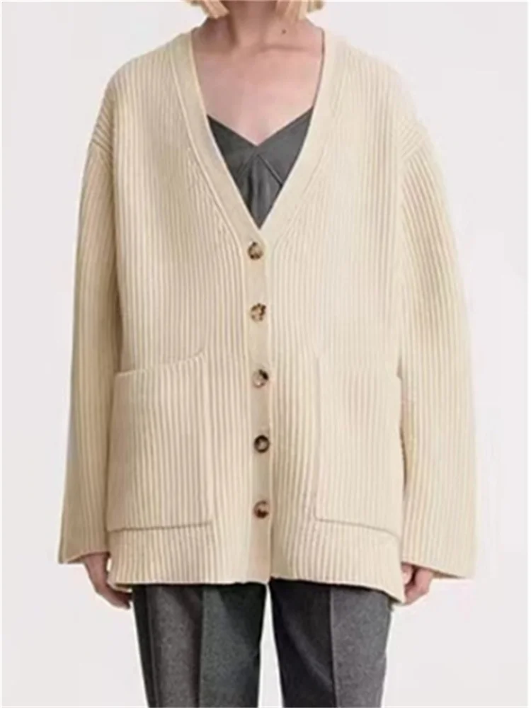 

Женский однотонный кардиган в полоску, вязаный однобортный Кардиган из 100%-ной шерсти с V-образным вырезом и длинным рукавом, осень 2023