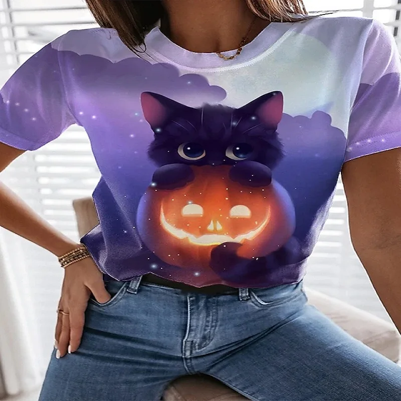 

2022Women's Clothing 3D Rint Crew NeckT-shirt Short-sleeved Outdoor Streetwear Women's Cloth Tops New T-shirt Cute Kittenpullo