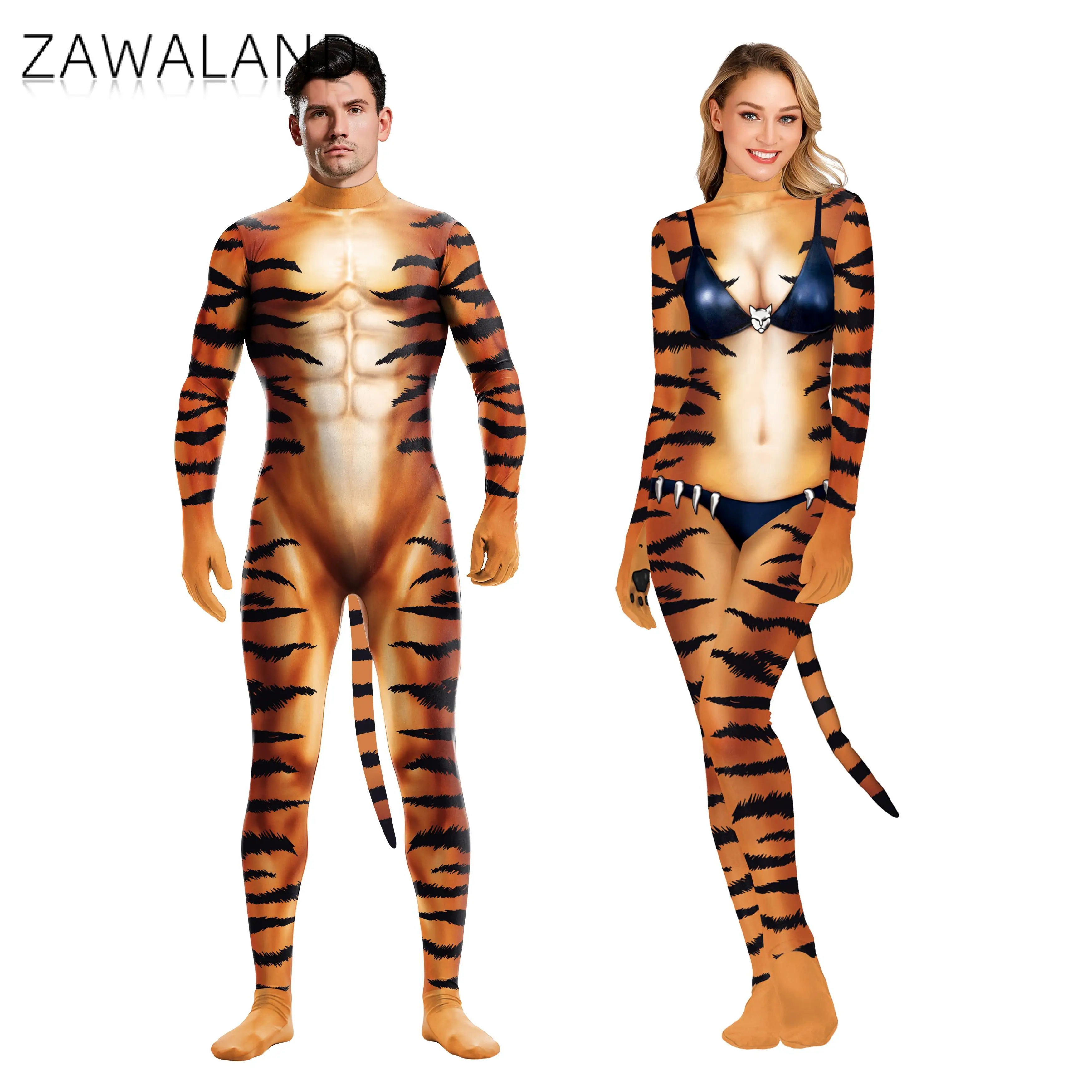 

Zawaland Tiger Stripes Animal Cosplay Costume Sexy Zentai Bodysuit with Tail Long Sleeve Full Cover Bondage Catsuit jumpsuits