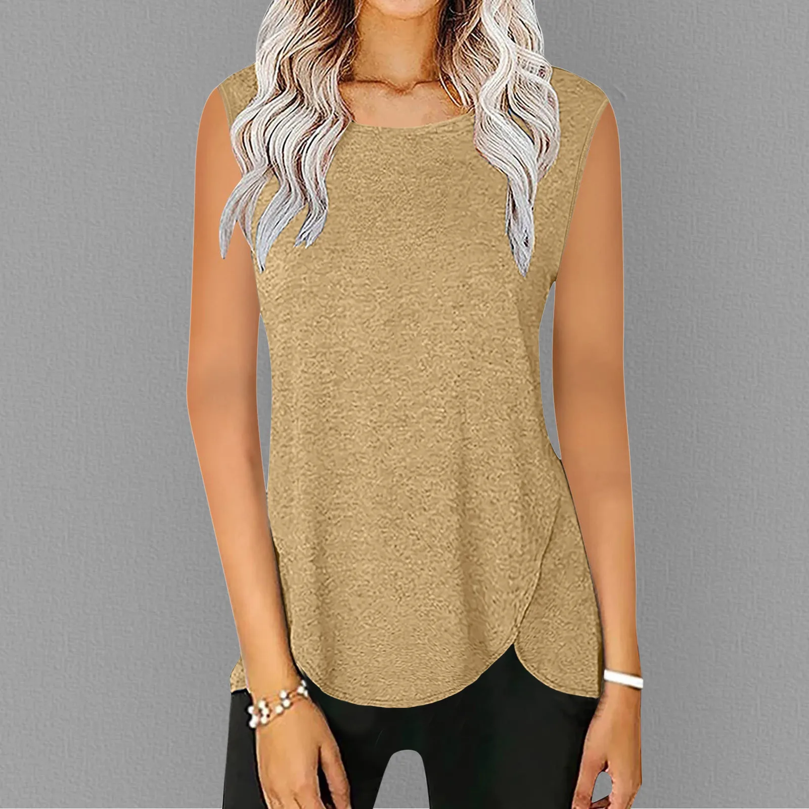 

2022 Womens Tank Tops Scoop Neck Curved Casual Flowy Summer Solid Color Down Sleeveless Tee Shirts Top Camisetas tirantes mujer