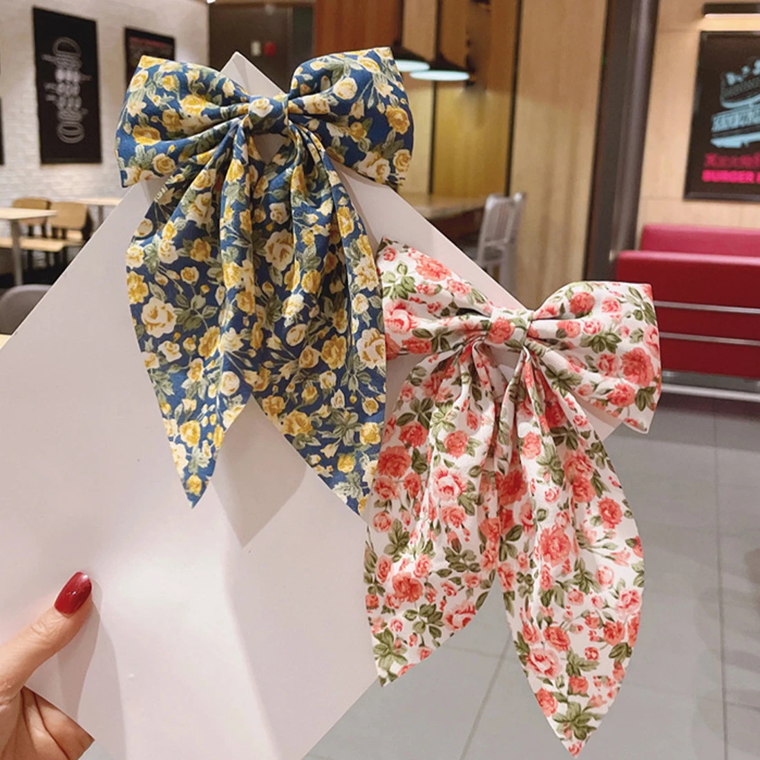

2023 New Fashion Beautiful Cloth Sweet Print Flowers Big Bow Hairpin Ponytail Barrettes Women Girls Hair Accessories Headwear