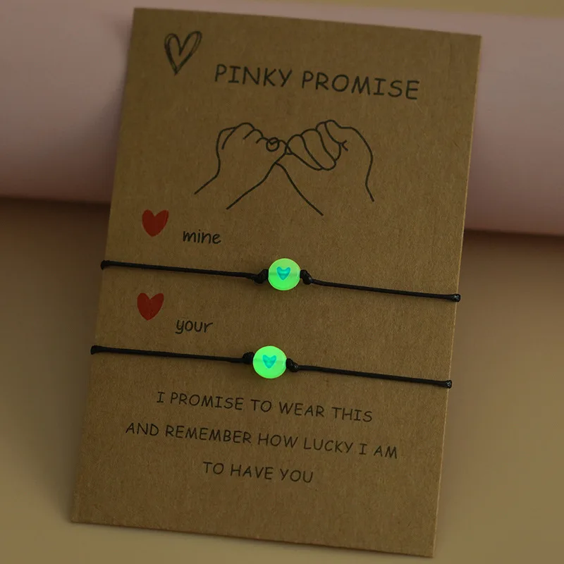 

2Pcs/Set Pinky Promise Charm Bracelets Friendship Couple Matching Luminous Heart Bead Elastic Rope Bracelet Valentine's Day Gift