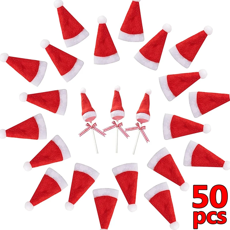 

50/1Pcs Christmas Mini Santa Hats Lollipops Santa Hats Lollipop Christmas Hat Small Mini Candy Santa Claus Cap Party Accessories