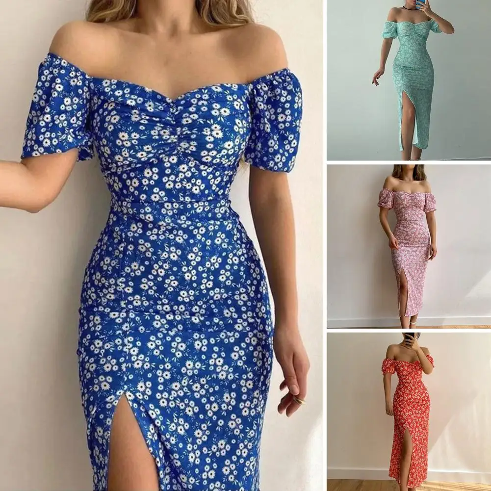 

Lady Dress Floral Print Bodycon A-line Maxi Dress High Waist Off Shoulder Sexy Summer Style for Women Off-shoulder Maxi Dress