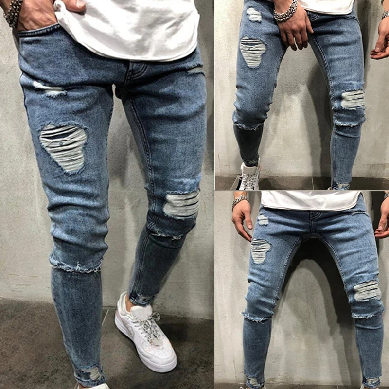 

Knee hole Ripped Jeans Men Skinny blue High Street Style Slim Casual Men Pants Trousers Biker Jeans Clothing