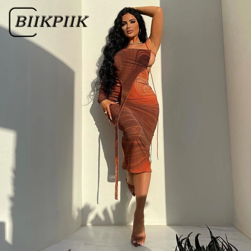 

Сексуальное женское платье BIIKPIIK на одно плечо с неровными подтяжками, вечернее облегающее платье до колена с квадратным вырезом и принтом в...