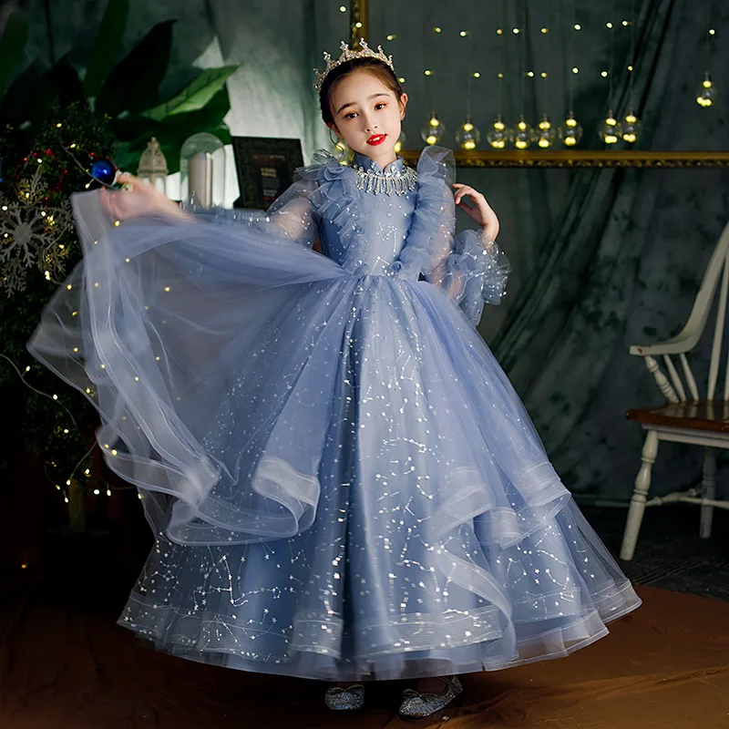 Blue Fairy Girl'S Dress New Children'S Long Sleeve Fairy Gas Puff Yarn Performance Walk Show Children'S Dress