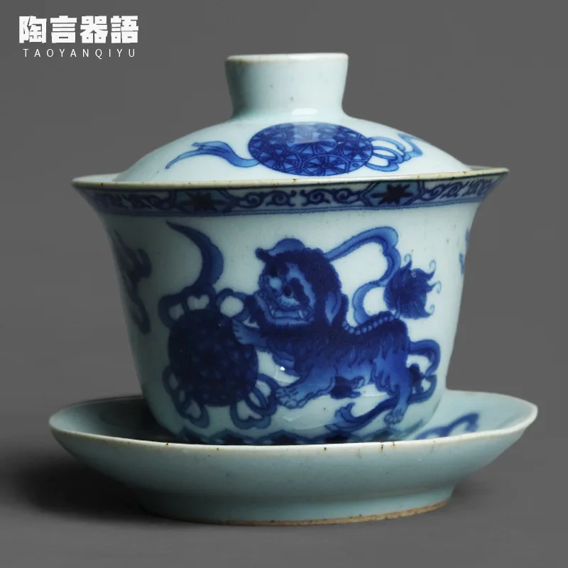 

Grass, gray, blue and white lion playing ball cover bowl handmade retro pottery personality kung fu tea ceremony wide mouth tea