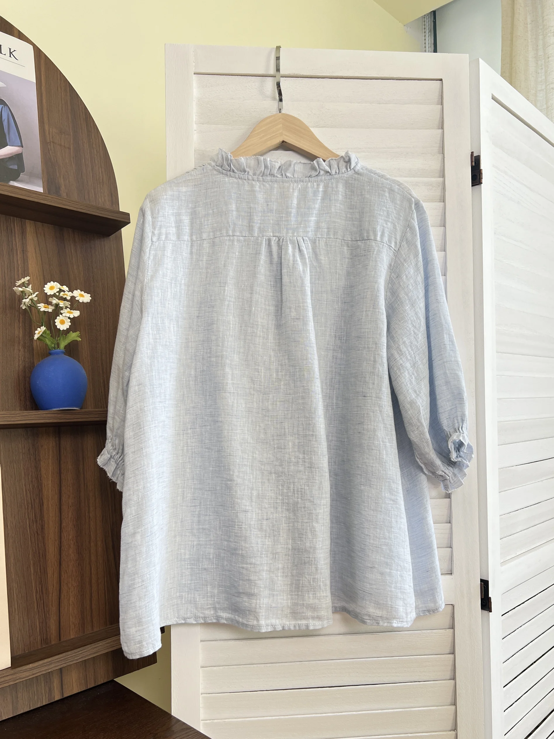 Japan fashion Pure Linen/Sweet Lace round Neck French sle Gentle Sle Half Sleeve Mid-Length Loose Shirts Top