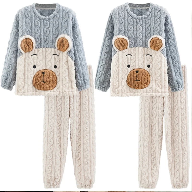 QUHENG Couples Pajamas Sets Women Men Winter Thicken Pyjamas Autumn Sleepwear Cartoon Lovers Homewear Soft Warm Rest Pijama