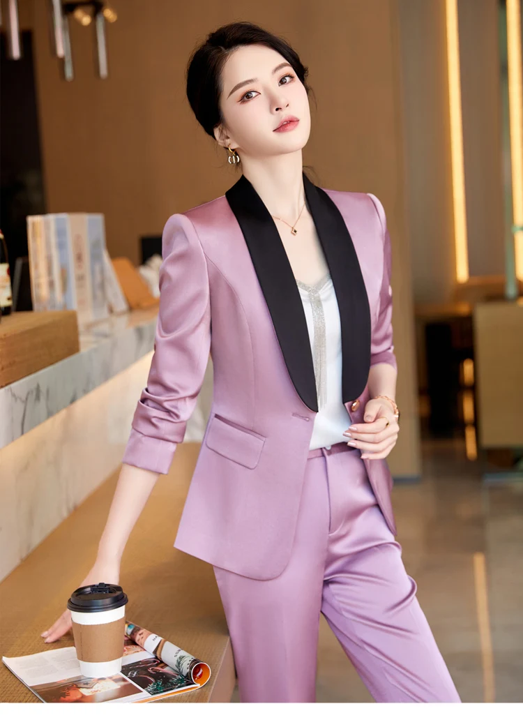Women Satin Pants Suit Vintage Office Lady Single Button Spliced Shawl Collar Blazer Female High Waist Two-piece Set Suit