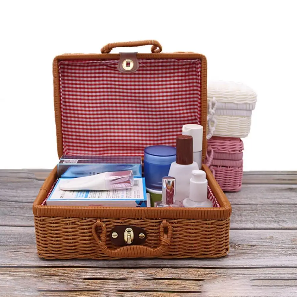 Storage Case Organizer Makeup Vintage Rattan Woven Holder Suitcase Sundries Box