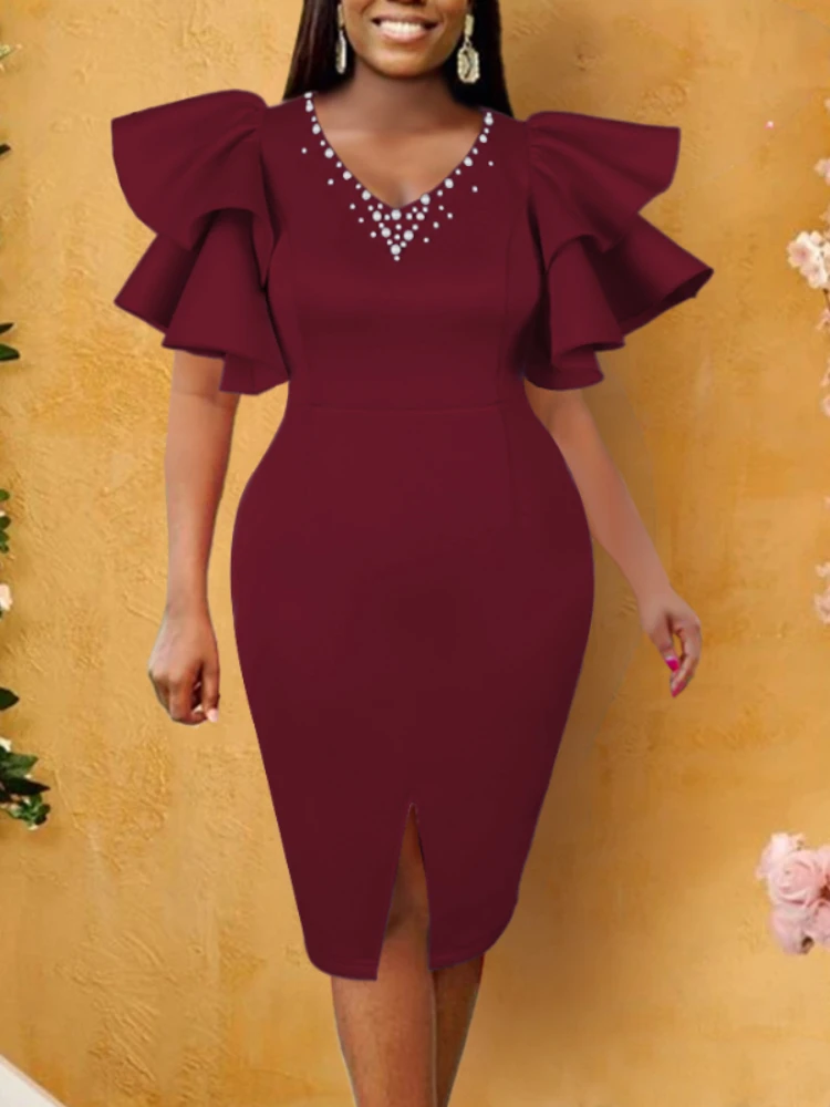 

Elegant Women Big Size Party Dress Beaded V Neck Ruffle Sleeve Bodycon Dress Burgundy Classy Evening Dinner Birthday Outfits