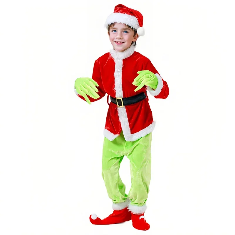 

Green Santa Claus Costume Green Fur Cosplay Christmas Dress Up Full Sets Green Haired Monster for Chiild