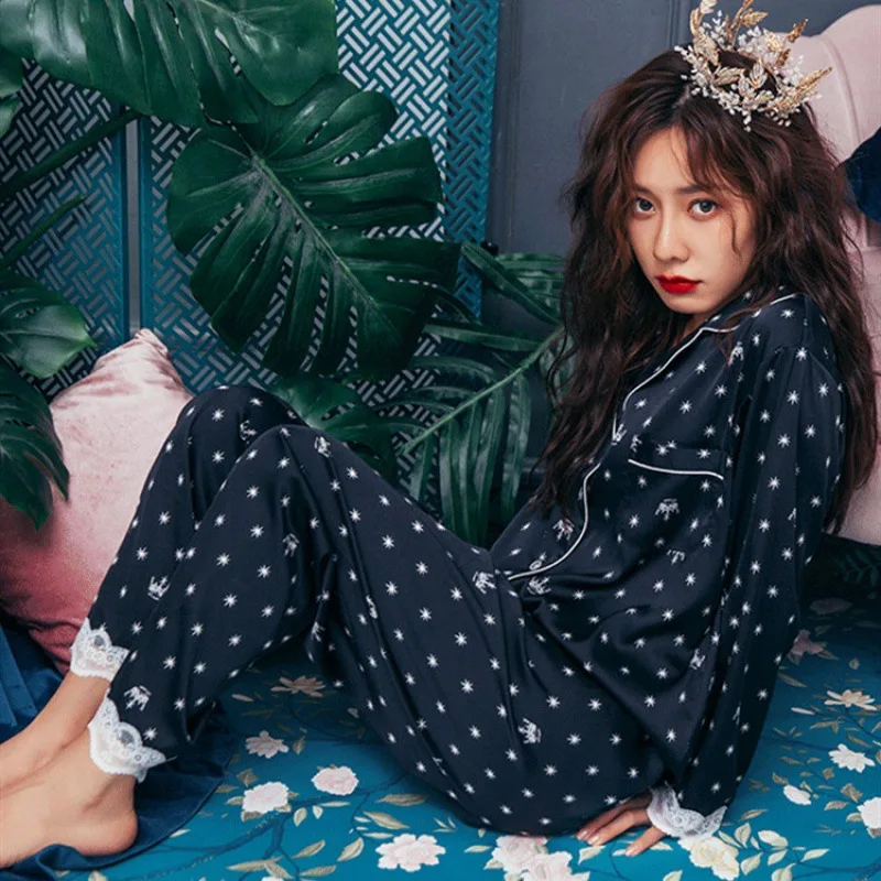 FALLINLAOE Print Fashion Women Pajama Set Sweet Lace Cuff Trousers Long Sleeve Suit Pyjamas