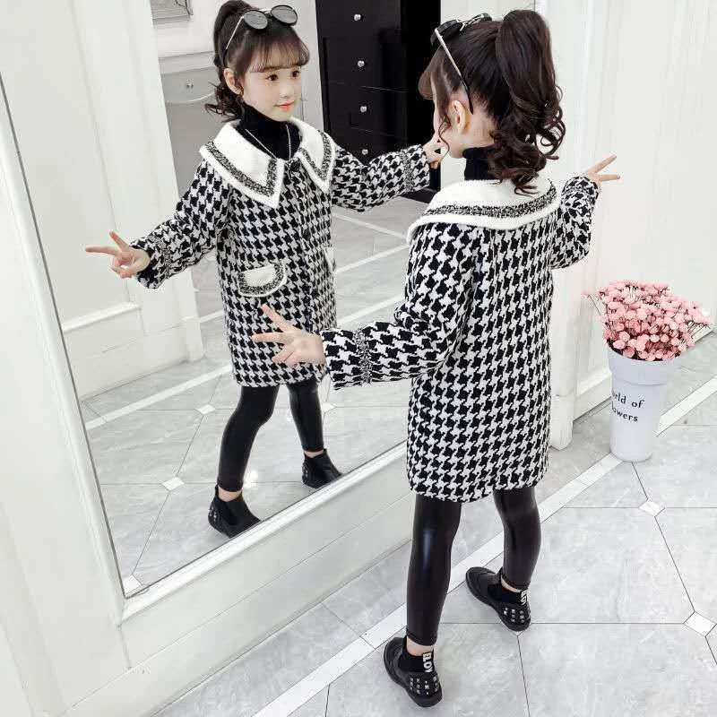 

Girls Woolen Coat Jacket Outwear 2022 Elegant Warm Plus Thicken Spring Autumn Cotton Overcoat Teenager Tops School Children's Cl