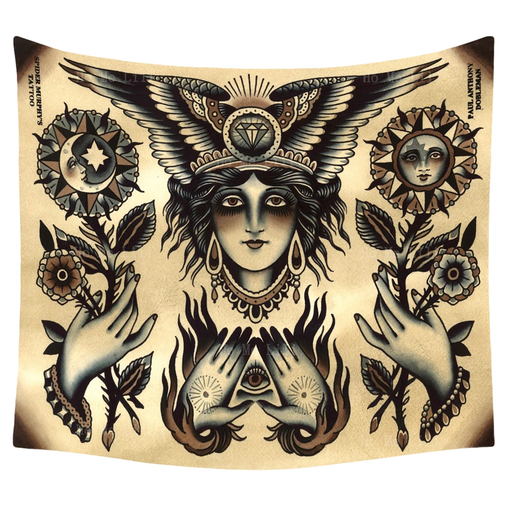 

Traditional Sun And Moon Tattoo Gypsy Eagle Flowers Skull Mexican Style Tapestry By Ho Me Lili For Livingroom Decoration