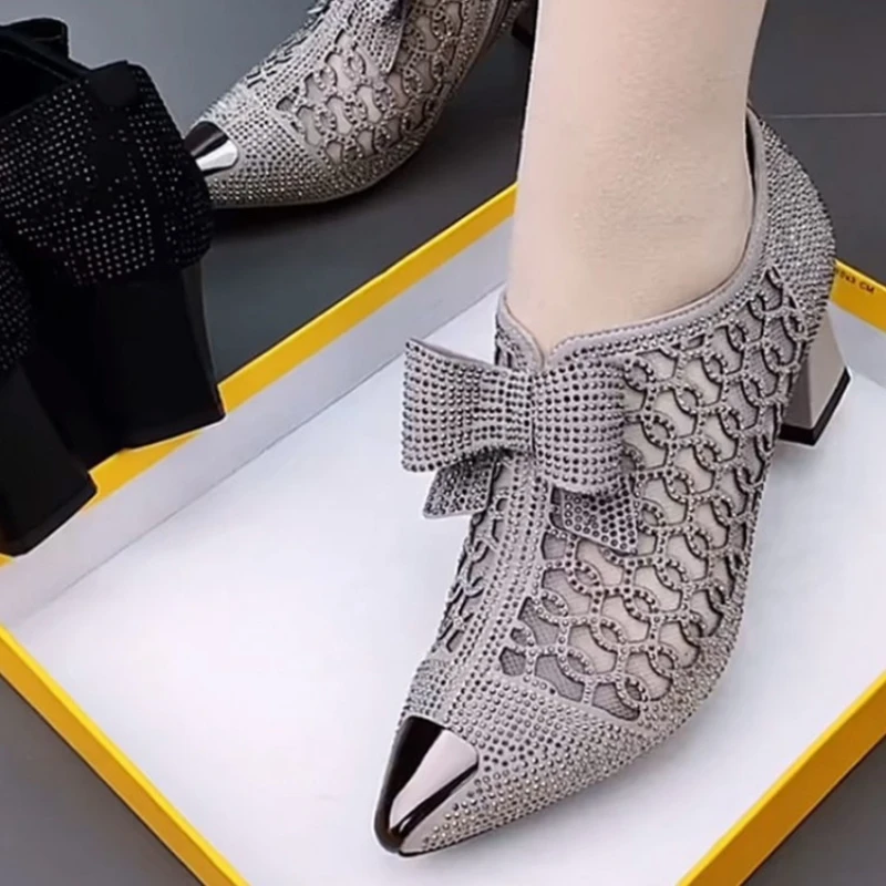 

Hollow Women Shoes Mesh Breathable Bow-knot Clear Rhinestone Heels Side Zipper Single Comfy High Pump Pointed Toe Sandals