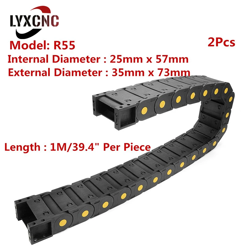 

Drag Chain Wire Carrier 2Pc R55 Internal 25mm x 57mm Cable Carrier Black Plastic Bridge Type 1M 39.4 inch For Electrical Machine