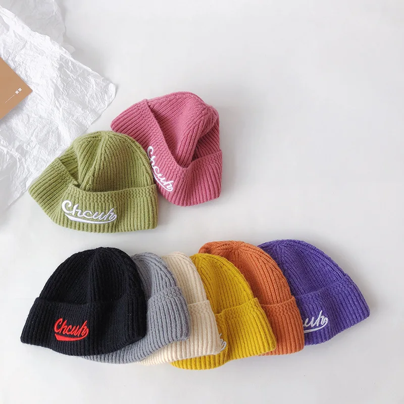 

Solid Color Children Beanies Cap Letter Embroidery Fashion Korean Girl Boy Bonnet Kids Autumn Winter Warm Wool Knitted Hat 1-6Y
