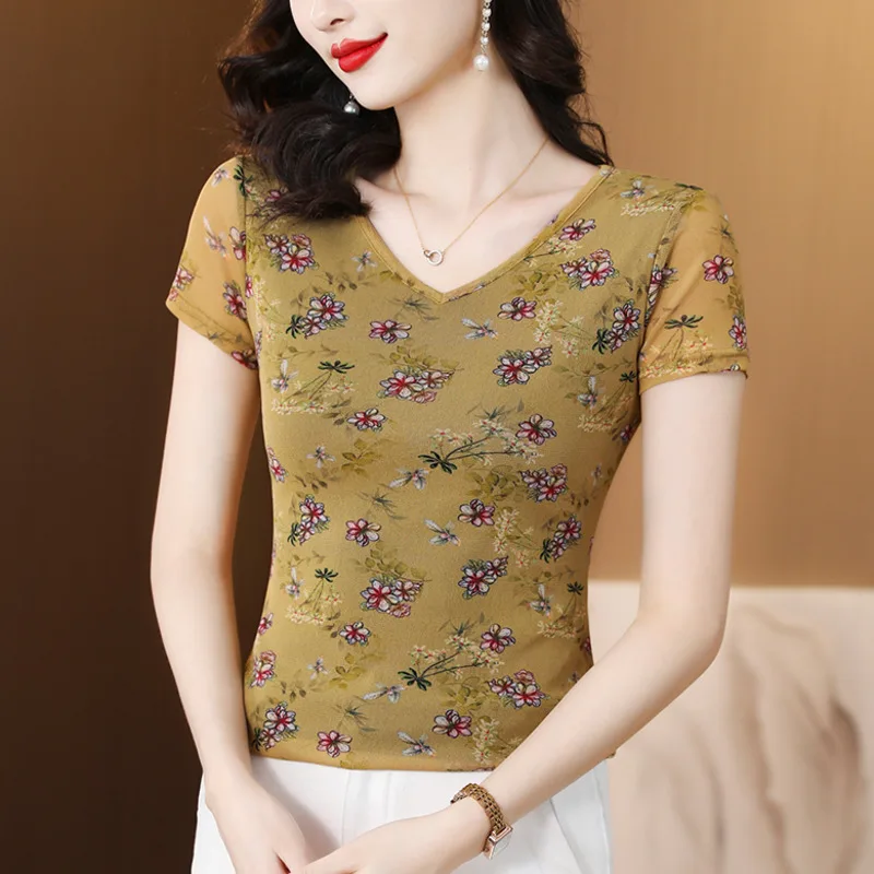 

#6935 Yellow Mesh Floral Printed T Shirt Women V-neck Sexy Skinny T-Shirt Femme Thin Short Tee Office Vintage Women's Tee Shirt