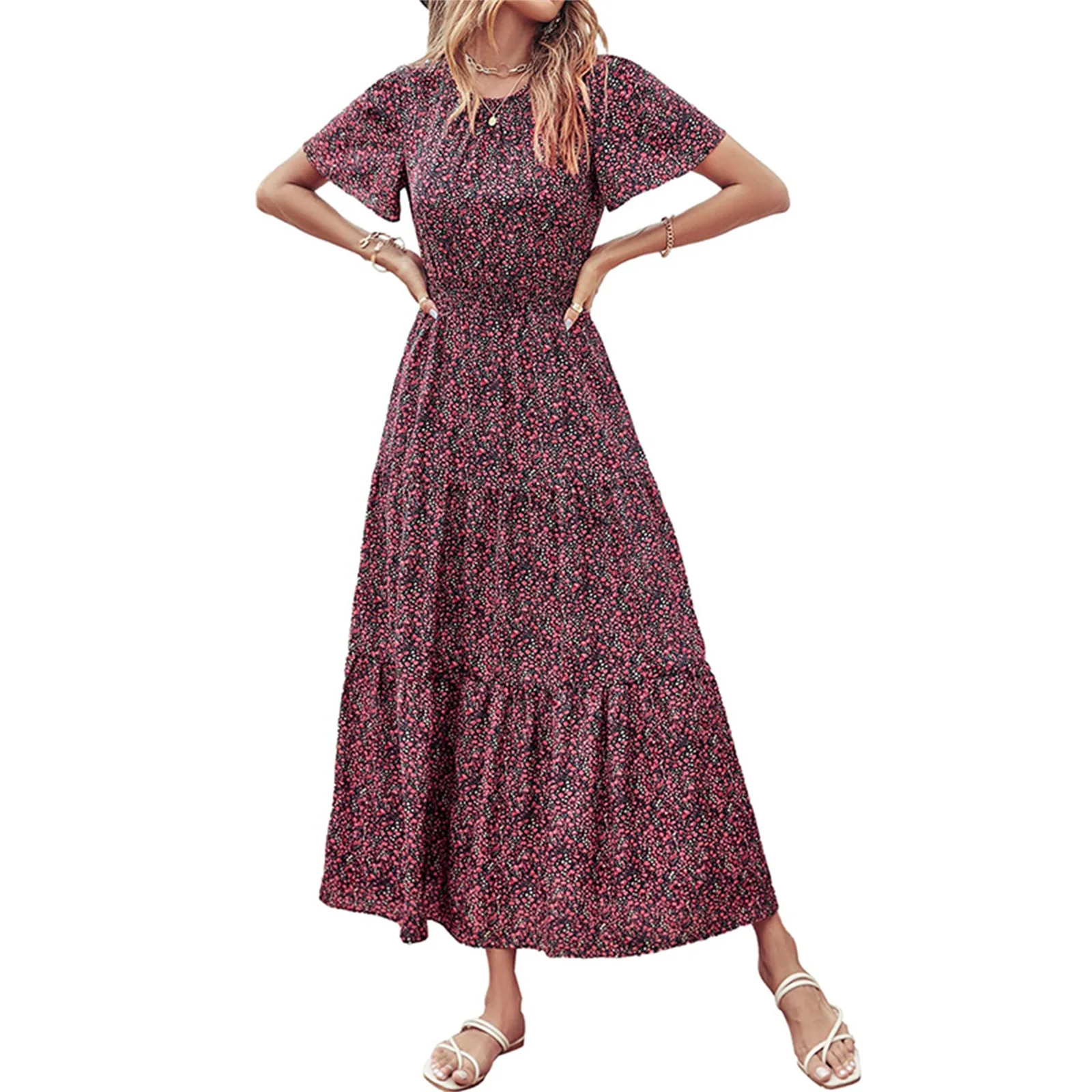 

Женское богемное длинное платье с коротким рукавом и круглым вырезом