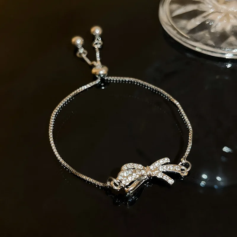 

Simple Silver Color Bow Adjustable Rhinestone Bracelets for Women 2023 New Delicate Party Jewelry Women's Hand Bracelets