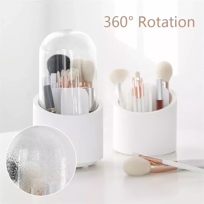 

NEW2023 Dust-proof Make Up Brush Holder 360 Rotating Desktop Brushes Organizer Makeup Lid Jar Pot Bathroom Storage Organization