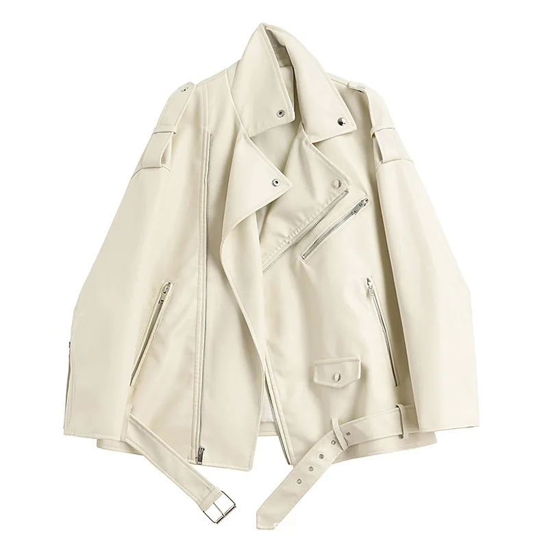 Brown Khaki Leather Coat Vintage Leather Women's Spring 2022 Loose Short Motorcycle Clothing Leather Jacket  Faux Leather