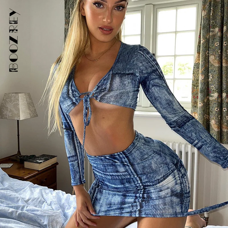 

BoozRey Printed Long-sleeve Short Distressed Pleated Skirt Suit Women Summer Sexy Club Ladies Two Piece Set Outfits Streetwear