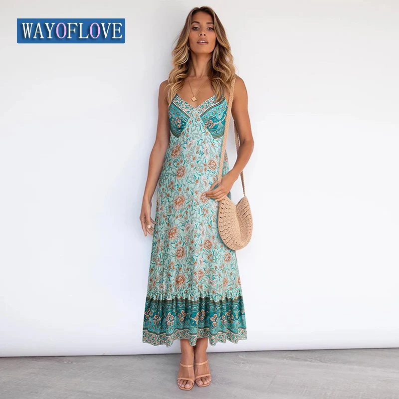 

WAYOFLOVE Boho Vintage Sexy Strap Long Dress Summer Beach Casual Holiday V Neck Floral Print Vestids Backless Slim Dresses Woman