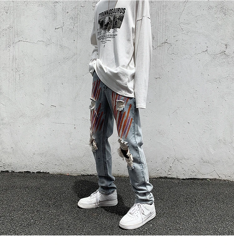 High Street Jeans Men's Brand Clothing Trend Ripped Ink Loose Straight Casual Pants Fashion Men's Street Wear Roupas Masculinas