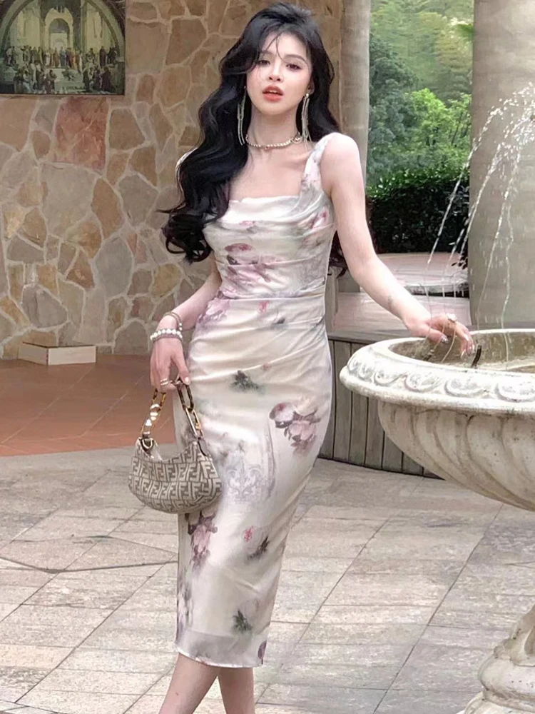 

Women New Summer Sexy OL Sheath Party Dress Female Fashion Vintage Elegant Spaghetti Strap Ruched Slim Bodycon Vestidos