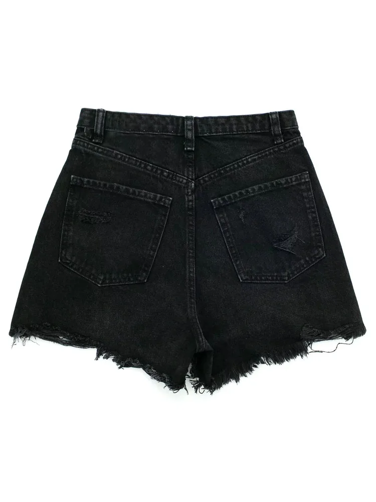 PAILETE Women 2023 fashion with pockets ripped denim shorts vintage high waist button-up female short pants mujer