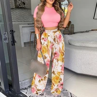 vintage print women 2 piece sets 2022 summer office lady outfits casual short sleeve o neck pullover tops wide leg pants suit