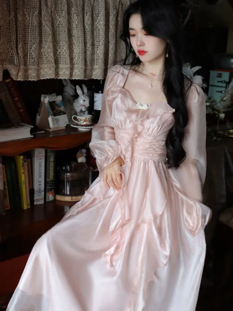 Платья с длинным рукавом женские розовые милые элегантные вечерние ретро миди