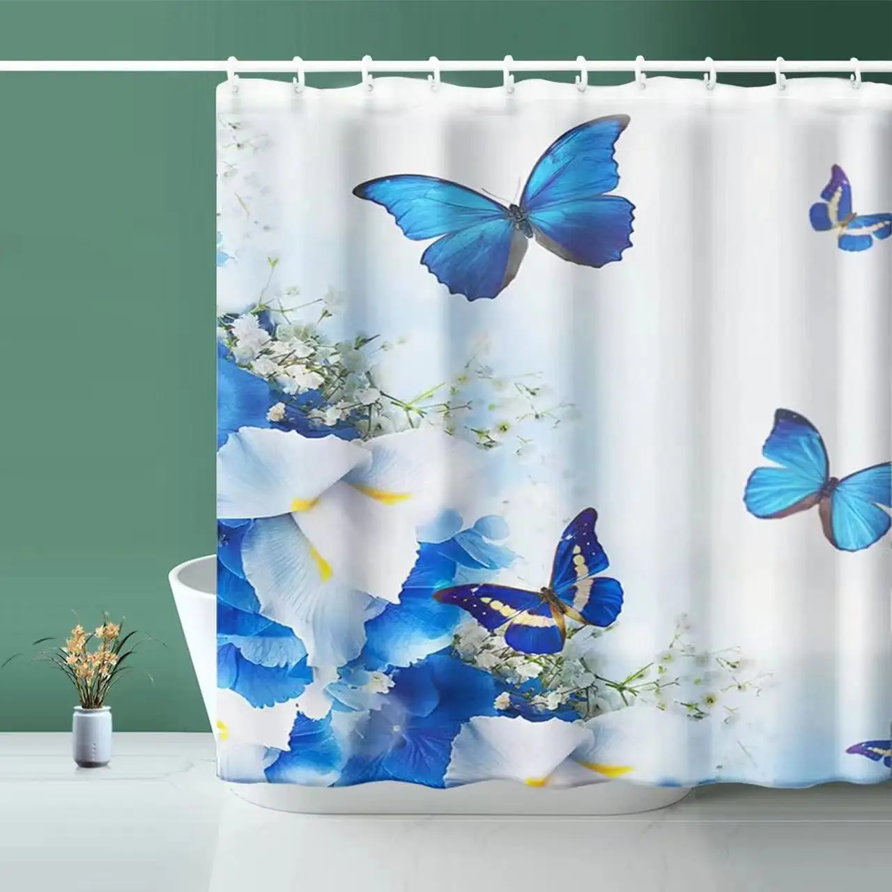 

Blue Butterfly Blue Shower Stall Curtain for Home Hotel Machine Washable Curtain Waterproof Bathtub partition Bathroom Decor Set