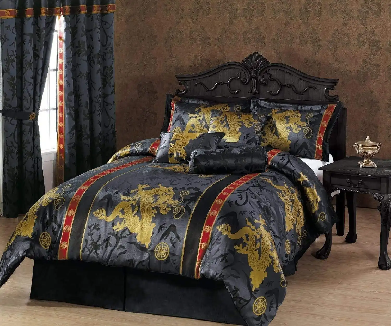 

7-Piece Palace Dragon Black Gold Red Jacquard Comforter Set California King