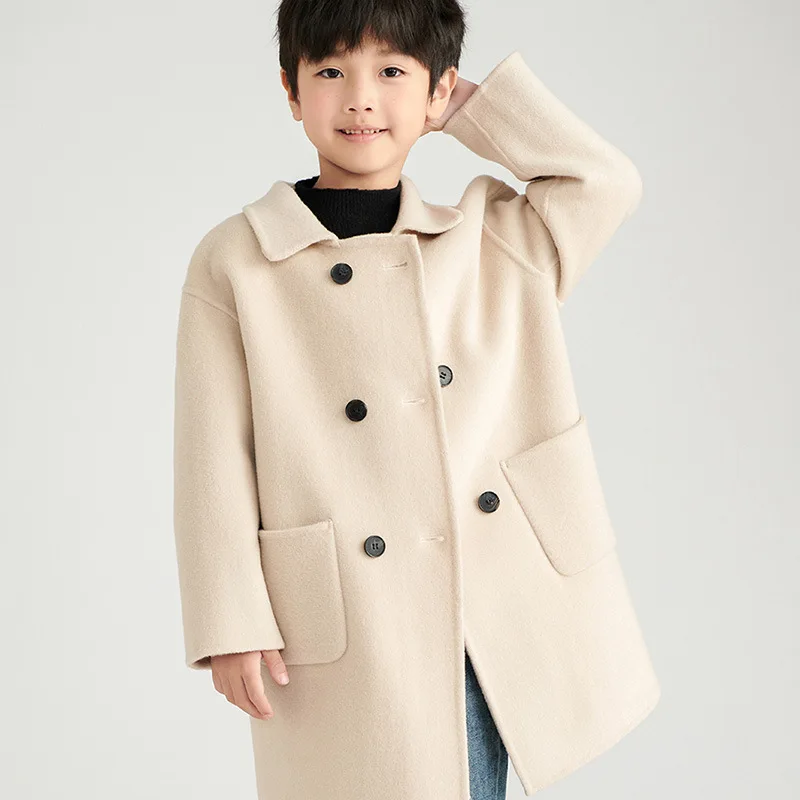 2024 Autumn and Winter New Dropshipping Wool Reversible Woolen Coat Lapel Button Boys Girls