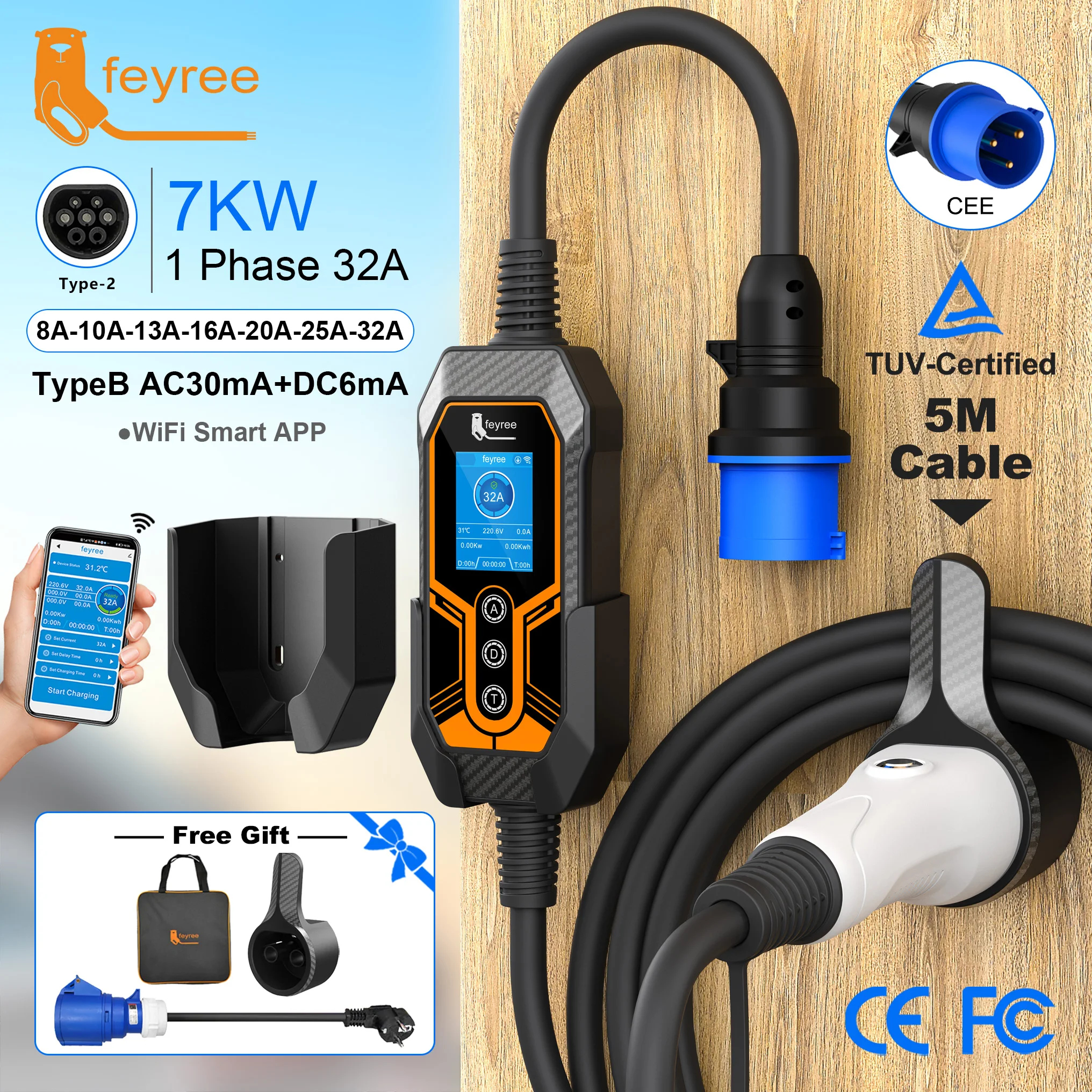 Портативное зарядное устройство для электромобилей Feyree Type2 с настенным