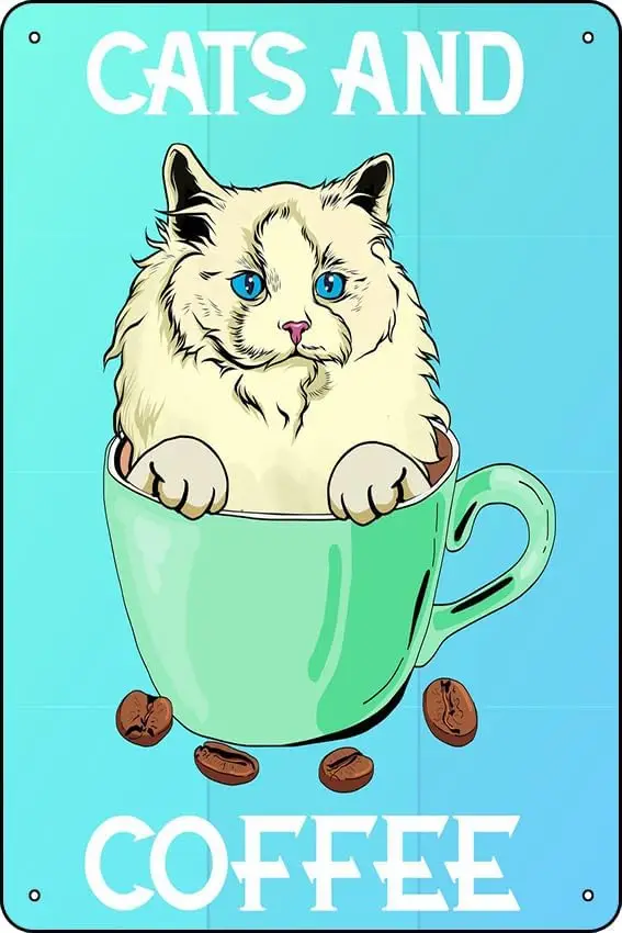 Бирман Кот Кофе Милый Ретро Металлическая Оловянная Вывеска Домашний Бар Патио