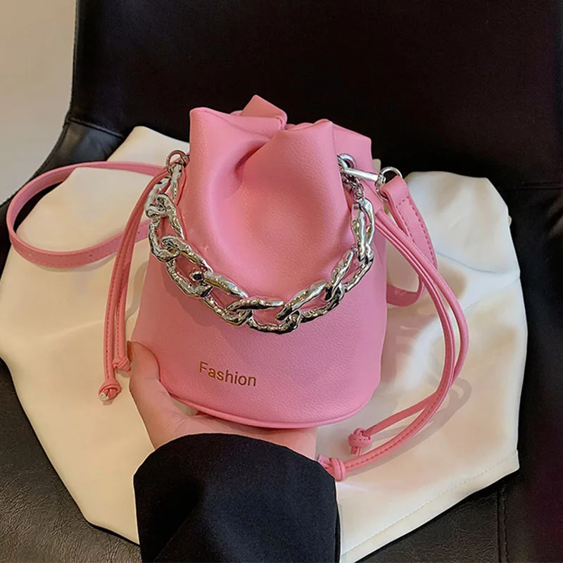 

Fashion Mini Bucket Crossbody Bag For Women 2023 Designer Handbag Purse Luxury Silver Thick Chain Clutch Bag Female Brand Bags